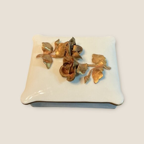 Portuguese Porcelain Trinket Box With Gold Rose Design 4x4.5 Inches Decorative J - Picture 3 of 8